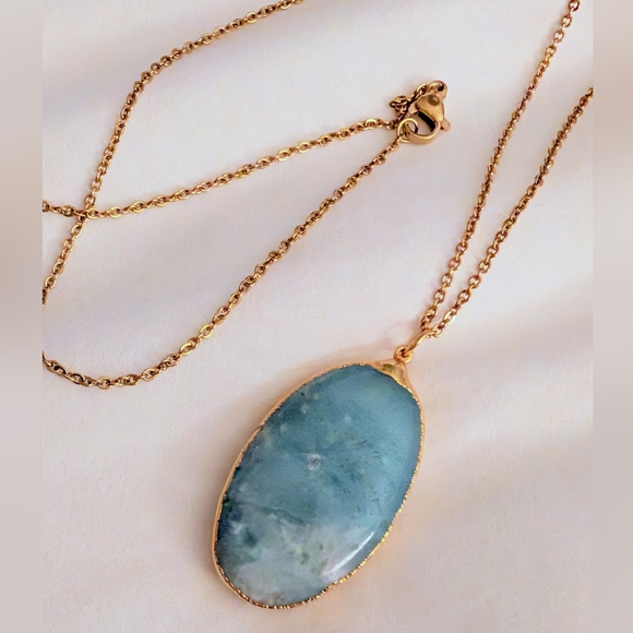 Jewelry - Large Oval Larimar Stone Pendant, Hand Made Gold Setting, Simple Chain Necklace